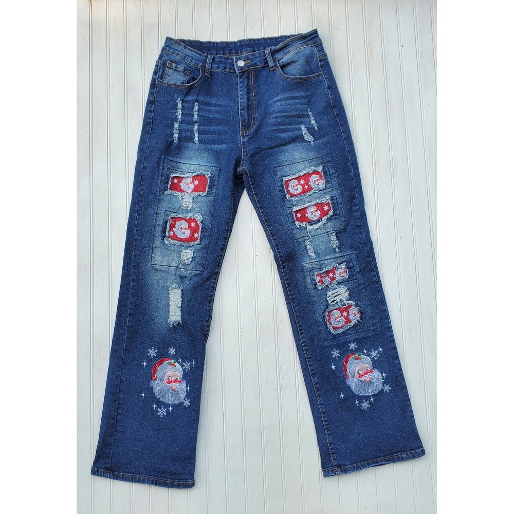 Santa Claus Distressed Christmas Jeans Womens XL Blue Denim Holiday Straight Leg